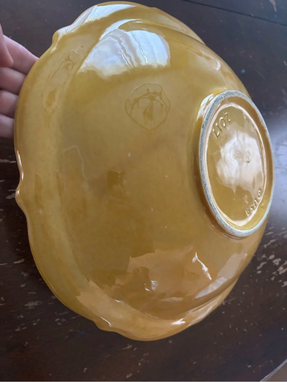 Vintage 14-3/8” California Pottery harvest gold pasta/serving ceramic bowl
